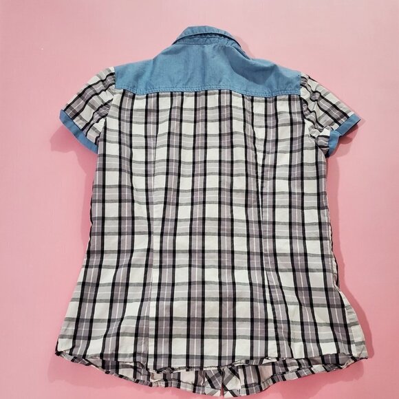 🤠 Black White Plaid Blue Denim Button Up Short Sleeve Shirt 🤠 - Picture 4 of 5